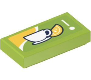 LEGO Lime Tile 1 x 2 with Lemon Tea Sticker with Groove (3069)