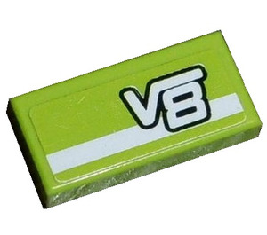 LEGO Lime Tile 1 x 2 with White 'V8' and White Stripe Sticker with Groove (3069)