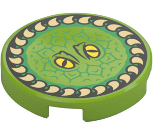 LEGO Lime Tile 2 x 2 Round with Green Scales, Yellow Eyes and Tan Teeth Ring with Bottom Stud Holder (14769 / 104417)