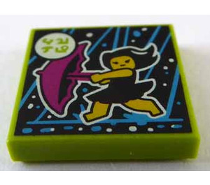 LEGO Lime Tile 2 x 2 with Girl Running in Rain with Magenta Umbrella with Groove (3068)