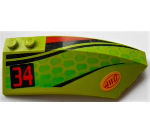 LEGO Lime Wedge Curved 3 x 8 x 2 Right with '34', '4WD' Sticker (41749)
