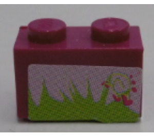 LEGO Magenta Brick 1 x 2 with Grass, Hearts Sticker with Bottom Tube (3004)