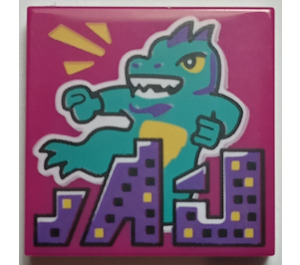 LEGO Magenta Tile 2 x 2 with Lizard Suit print with Groove (3068)