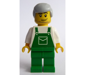 LEGO Male, Green Overalls, Green Legs, Medium Stone Gray Hair Minifigure
