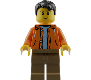 LEGO Männlich Orange Jacke mit Kapuze over Licht Blau Pullover, Dunkles Beige Beine, Schwarz Kurz Zerzaustes Haar Minifigur