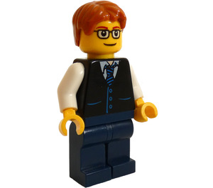 LEGO Male Wearing Glasses Dark Blue Legs, Dark Stone Grey Vest Over White Shirt and Tie Minifigure