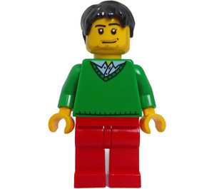 LEGO Hankøn med Sort Kort Pjusket hår, Skægstub Skæg, Grøn V-Neck Sweater, og Rød Ben Minifigur