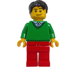 LEGO Male with Black Short Tousled Hair, Stubble Beard, Green V-Neck Sweater, and Red Legs Minifigure