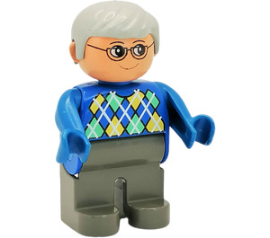 LEGO Мъжки с Син Argyle пуловер и Сив коса