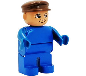 LEGO Man with blue legs, blue top, brown Cap Duplo Figure with white in eyes