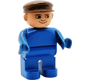 LEGO Man with blue legs, blue top, brown Cap without white in eyes