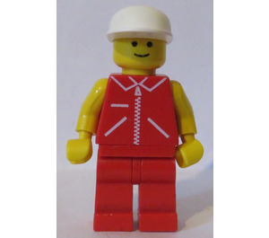 LEGO Man med Röd Jacka med Zipper, Röd Ben, Vit Keps Minifigur