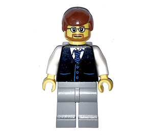 LEGO Man with Reddish Brown Hair, Glasses, Black Vest and Blue Striped Tie with Light Stone Gray Legs Minifigure