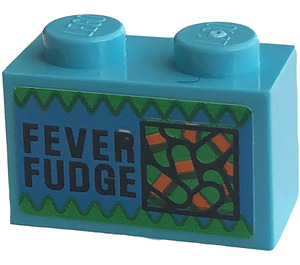 LEGO Medium azuurblauw Steen 1 x 2 met 'FEVER FUDGE' Sticker met buis aan de onderzijde (3004)
