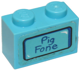 LEGO Medium azuurblauw Steen 1 x 2 met "Pig Fone" Sticker met buis aan de onderzijde (3004)