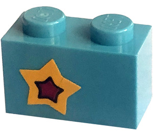 LEGO Medium Azure Brick 1 x 2 with Star (Left) Sticker with Bottom Tube (3004)