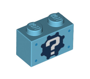 LEGO Medium Azure Brick 1 x 2 with white ? on Black cog with Bottom Tube (76886 / 76887)