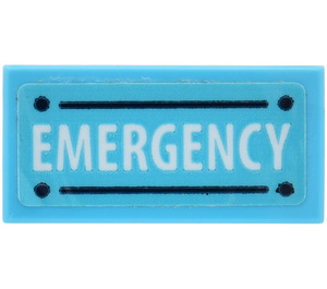 LEGO Medium Azure Tile 1 x 2 with 'EMERGENCY' Sticker with Groove (3069)