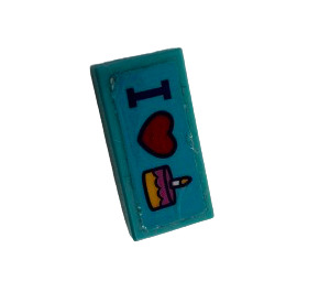 LEGO Medium Azure Tile 1 x 2 with 'I' Heart and Cake Sticker with Groove (3069)