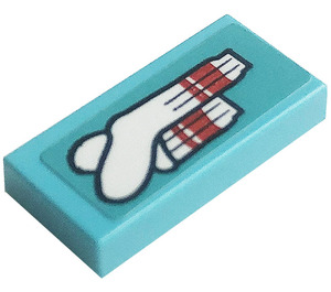LEGO Medium Azure Tile 1 x 2 with Red and White Sock Sticker with Groove (3069)