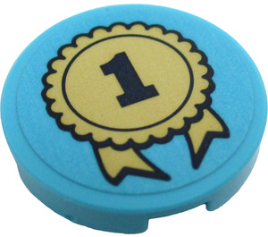 LEGO Medium Azure Tile 2 x 2 Round with First Place Ribbon Sticker with Bottom Stud Holder (14769)