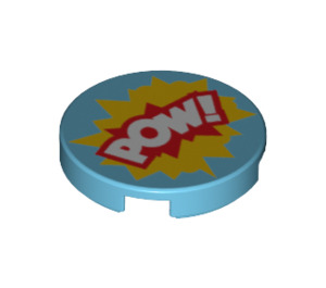 LEGO Medium Azure Flise 2 x 2 Rund med 'POW!' med Bund Knops Holder (14769 / 29378)