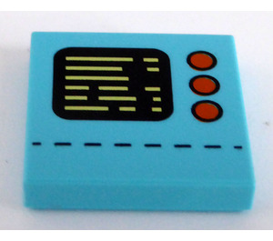 LEGO Mittleres Azure Fliese 2 x 2 mit Control Panel mit Schwarz Display, Text und 3 Orange Buttons mit Nut (3068)