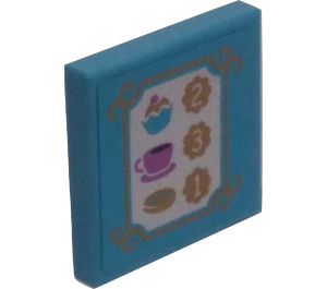 LEGO Medium Azure Tile 2 x 2 with Tea, Cupcake, and Cookie Menu Sticker with Groove (3068)