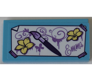 LEGO Medium Azure Tile 2 x 4 with Picture of Flowers, Swirls, and Paintbrush Sticker (87079)