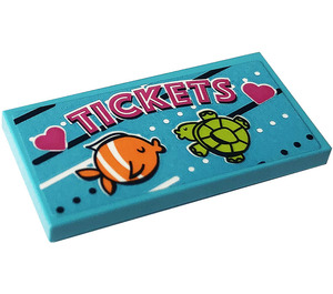 LEGO Medium Azure Tile 2 x 4 with 'TICKETS', Hearts, Fish, Turtle Sticker (87079)
