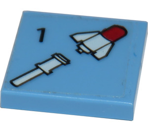LEGO Mittelblau Fliese 2 x 2 mit Schwarz Number 1 und Weiß Rakete Aufkleber mit Nut (3068)