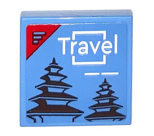 LEGO Medium Blue Tile 2 x 2 with Travel Brochure Sticker with Groove (3068)