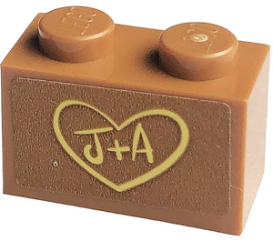 LEGO Medium Dark Flesh Brick 1 x 2 with 'J+A', Heart Sticker with Bottom Tube (3004)