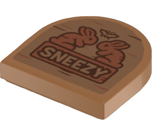 LEGO Medium Dark Flesh Tile 2 x 2 Round with Carved Rabbits and ‘SNEEZY’ Sticker (5520)