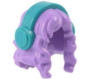 LEGO Medium Lavender Long Wavy Hair with Center Parting with Dark Turquoise Headphones (65226)