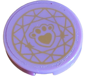 LEGO Medium Lavender Tile 2 x 2 Round with paw print and Geometric pattern in gold Sticker with Bottom Stud Holder (14769)