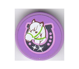 LEGO Medium Lavender Tile 2 x 2 Round with White Horse in Silver Horseshoe Sticker with "X" Bottom (4150)