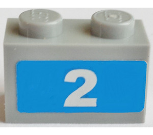 LEGO Medium Stone Gray Brick 1 x 2 with '2', Blue Background Sticker with Bottom Tube (3004)