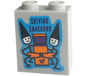 LEGO Medium Stone Gray Brick 1 x 2 x 2 with 'SKIVING SNACKBOX', Box, Figures Sticker with Inside Stud Holder (3245)