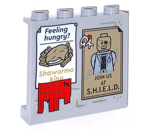 LEGO Gris pierre moyen Panneau 1 x 4 x 3 avec ‘Feeling hungry? Shawarma king’ et ‘JOIN US AT S.H.I.E.L.D.’ Posters Autocollant avec supports latéraux, tenons creux (35323)