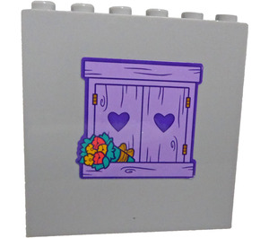 LEGO Medium Stone Gray Panel 1 x 6 x 5 with Dark Purple and Lavender Shettered Window, Hearts and Flowers Sticker (59349)