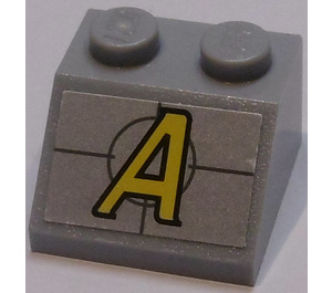 LEGO Medium Stone Gray Slope 2 x 2 (45°) with Yellow 'A', Hairline Cross Sticker (3039)