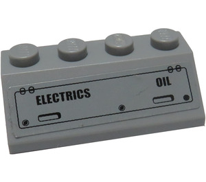 LEGO Medium Stone Gray Slope 2 x 4 (45°) with 'ELECTRICS' and 'OIL' Sticker with Rough Surface (3037)