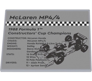 LEGO Medium Stone Gray Slope 6 x 8 (10°) with Checkered Bar, 'McLaren MP4/4' Image and '1988 Formula 1™ Constructors' Cup Champions' Sticker (3292)
