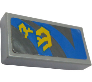 LEGO Medium Stone Gray Tile 1 x 2 with Blue Lines and Yellow Pattern (Left) Sticker with Groove (3069)
