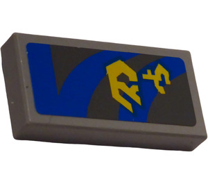 LEGO Medium Stone Gray Tile 1 x 2 with Blue Lines and Yellow Pattern (Right) Sticker with Groove (3069)