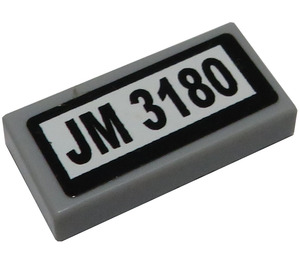 LEGO Medium Stone Gray Tile 1 x 2 with 'JM 3180' Sticker with Groove (3069 / 30070)