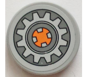 LEGO Medium Stone Gray Tile 2 x 2 Round with Cog Wheel Sticker with "X" Bottom (4150)
