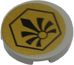 LEGO Medium steengrijs Tegel 2 x 2 Rond met Fleur de Lis Hexagon (Gold Background) Sticker met noppenhouder aan de onderzijde (14769)