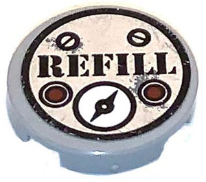 LEGO Medium Stone Gray Tile 2 x 2 Round with "Refill" and red buttons and gauge Sticker with "X" Bottom (4150)